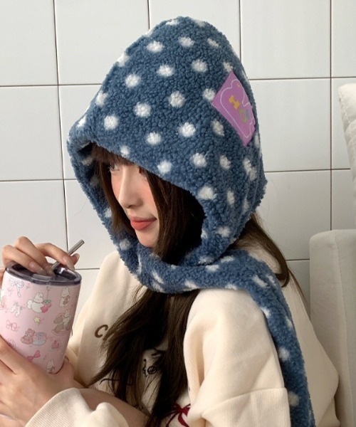 Vipoa（ヴィポア）の「ドットマフラーバラクラバ（ニットキャップ/ビーニー・レディース・グレー/ブルー・FREE）」の4枚目の写真