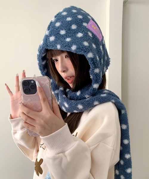 Vipoa（ヴィポア）の「ドットマフラーバラクラバ（ニットキャップ/ビーニー・レディース・グレー/ブルー・FREE）」の5枚目の写真
