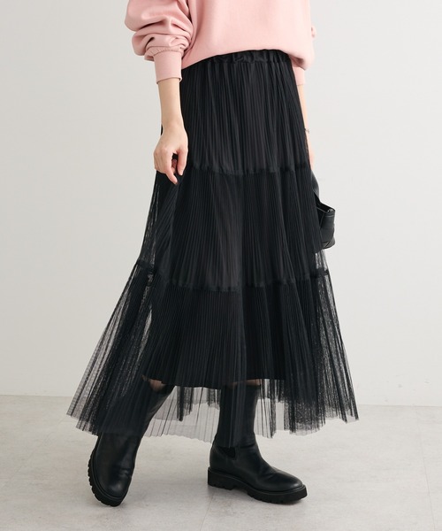 Green　Parks（グリーンパークス）の「チュールプリーツティアードスカート（スカート・レディース・ブラック/オフホワイト/グレー・FREE）」の2枚目の写真