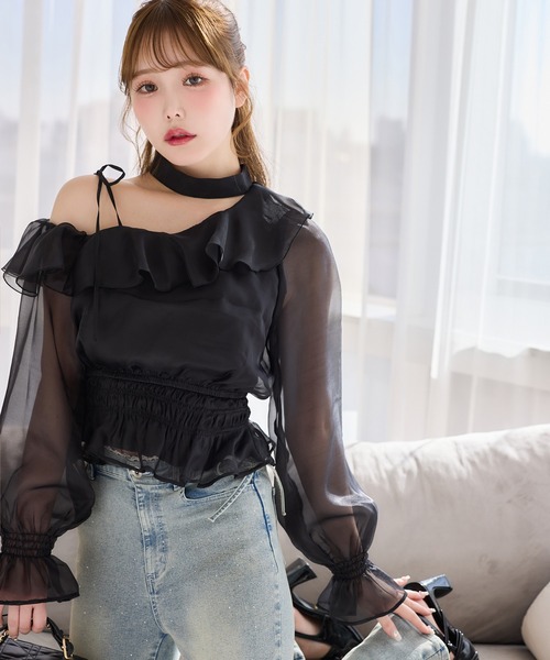 one after another NICE CLAUP（ワンアフターアナザーナイスクラップ）の「2WAYワンショルブラウス（シャツ/ブラウス・レディース・ミント/ピンクベージュ/ブラック/ドット・FREE）」の2枚目の写真