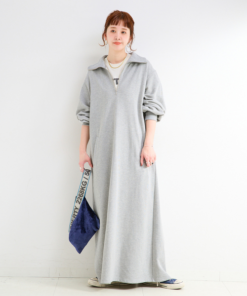 追加2》ウォッシャブル / テリー裏毛ハーフジップロングワンピース
