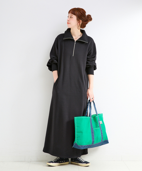 追加2》ウォッシャブル / テリー裏毛ハーフジップロングワンピース