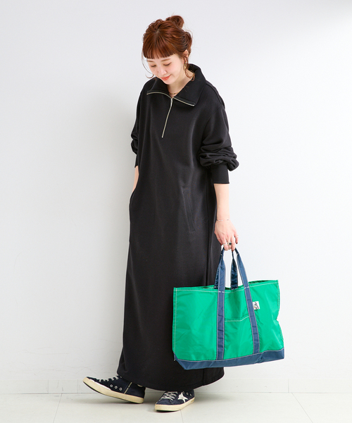 B.C STOCK(ベーセーストック)の「《追加2》ウォッシャブル / テリー裏毛ハーフジップロングワンピース(ワンピース・レディース・ブラック/グレー・FREE)」の4枚目の写真