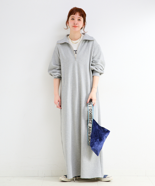 B.C STOCK(ベーセーストック)の「《追加2》ウォッシャブル / テリー裏毛ハーフジップロングワンピース(ワンピース・レディース・ブラック/グレー・FREE)」の7枚目の写真