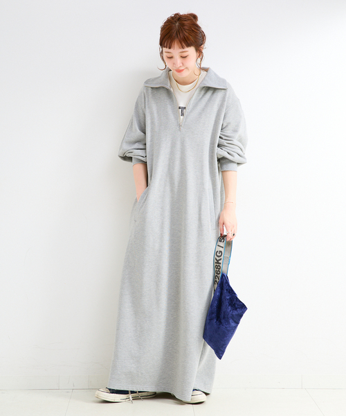 B.C STOCK(ベーセーストック)の「《追加2》ウォッシャブル / テリー裏毛ハーフジップロングワンピース(ワンピース・レディース・ブラック/グレー・FREE)」の8枚目の写真
