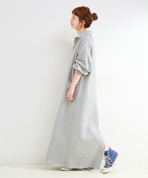 追加2》ウォッシャブル / テリー裏毛ハーフジップロングワンピース