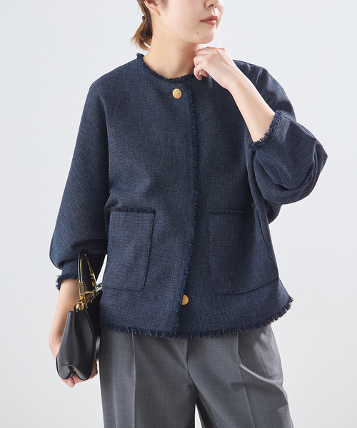 journal standard L'essage(ジャーナルスタンダードレサージュ)の「カラミTWEEDドルマンジャケット(ノーカラージャケット・レディース・チャコールグレー/ネイビー・FREE)」の2枚目の写真