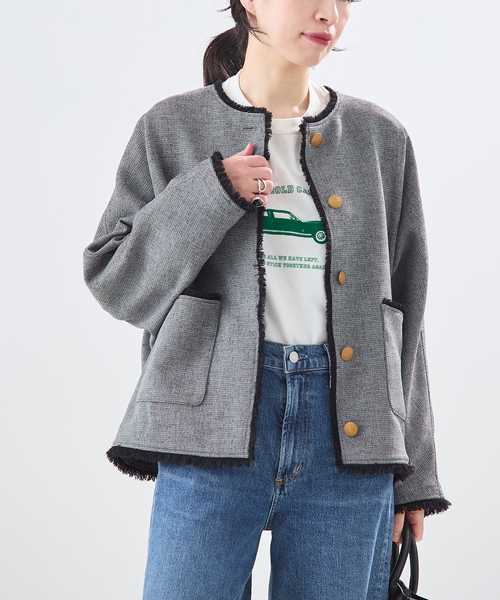 journal standard L'essage(ジャーナルスタンダードレサージュ)の「カラミTWEEDドルマンジャケット(ノーカラージャケット・レディース・チャコールグレー/ネイビー・FREE)」の1枚目の写真