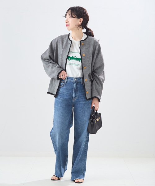 journal standard L'essage(ジャーナルスタンダードレサージュ)の「カラミTWEEDドルマンジャケット(ノーカラージャケット・レディース・チャコールグレー/ネイビー・FREE)」の3枚目の写真