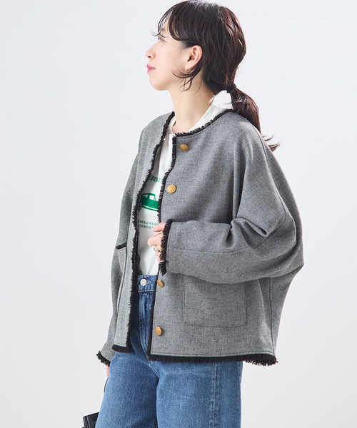 journal standard L'essage(ジャーナルスタンダードレサージュ)の「カラミTWEEDドルマンジャケット(ノーカラージャケット・レディース・チャコールグレー/ネイビー・FREE)」の6枚目の写真