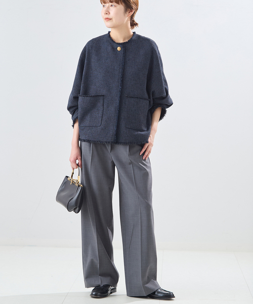 journal standard L'essage(ジャーナルスタンダードレサージュ)の「カラミTWEEDドルマンジャケット(ノーカラージャケット・レディース・チャコールグレー/ネイビー・FREE)」の9枚目の写真
