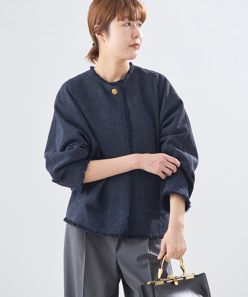 journal standard L'essage(ジャーナルスタンダードレサージュ)の「カラミTWEEDドルマンジャケット(ノーカラージャケット・レディース・チャコールグレー/ネイビー・FREE)」の12枚目の写真