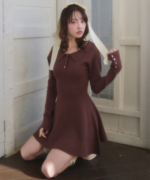 fupel(フぺル)の「back open ribbon mini collar onepiece / バックオープンリボンカラーミニワンピース(ワンピース・レディース・アイボリー/ブラウン・FREE)」の1枚目の写真