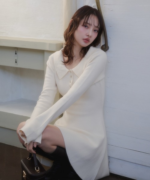 fupel(フぺル)の「back open ribbon mini collar onepiece / バックオープンリボンカラーミニワンピース(ワンピース・レディース・アイボリー/ブラウン・FREE)」の3枚目の写真