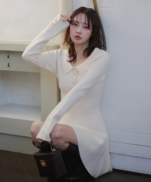 fupel(フぺル)の「back open ribbon mini collar onepiece / バックオープンリボンカラーミニワンピース(ワンピース・レディース・アイボリー/ブラウン・FREE)」の5枚目の写真