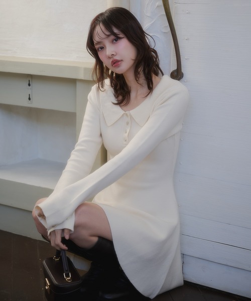 fupel(フぺル)の「back open ribbon mini collar onepiece / バックオープンリボンカラーミニワンピース(ワンピース・レディース・アイボリー/ブラウン・FREE)」の6枚目の写真