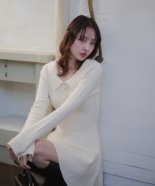 fupel(フぺル)の「back open ribbon mini collar onepiece / バックオープンリボンカラーミニワンピース(ワンピース・レディース・アイボリー/ブラウン・FREE)」の4枚目の写真