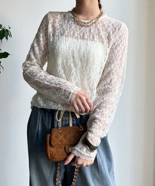 DouDou（ドゥドゥ）の「【WEB限定】レースサイドタックプルオーバー（Tシャツ/カットソー・レディース・ブラック/アイボリー/チャコールグレー・FREE）」の2枚目の写真