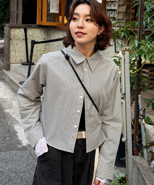 DOUBLE NAME（ダブルネーム）の「【m:rex】ミニ恐竜ワッペンショート丈チェックシャツ（シャツ/ブラウス・レディース・ピンク/ホワイト・FREE）」の19枚目の写真