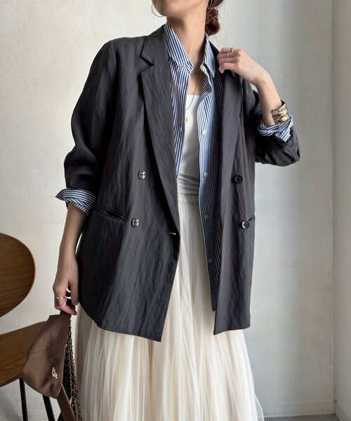 DouDou(ドゥドゥ)の「ダブルジャケット(テーラードジャケット・レディース・チャコールグレー/ベージュ・FREE)」の1枚目の写真