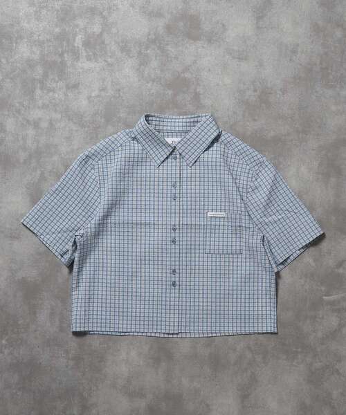 FFEIN(フェイン)の「【FFEIN(フェイン)】ショート丈ボックスチェック半袖シャツ / レディース シャツ 半袖 チェック シアーシンプル ワンポイント ピス(シャツ/ブラウス・レディース・ブルー/ホワイト/ブラック・FREE)」の5枚目の写真
