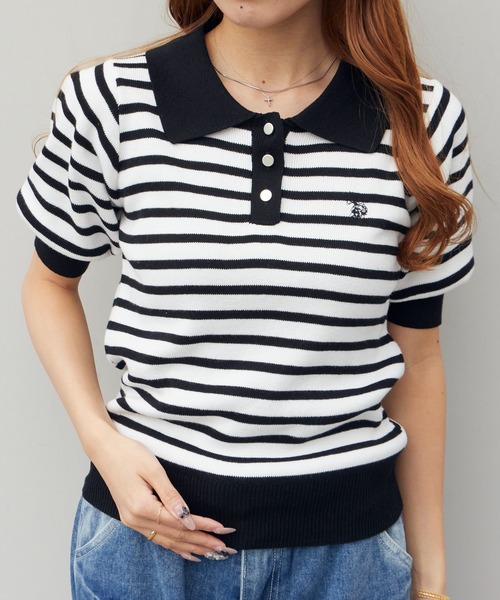 U.S. POLO ASSN.(ユーエスポロアッスン)の「U.S. POLO ASSN./ユーエスポロアッスン 天竺編み ロゴ刺繍 ニットポロ 秋 秋服 2026年秋冬(ポロシャツ・レディース・オフホワイト/ホワイト×グリーン/ホワイト×ブラック/ネイビー/ベージュ・M/L)」の4枚目の写真