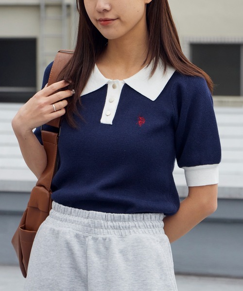 U.S. POLO ASSN.(ユーエスポロアッスン)の「U.S. POLO ASSN./ユーエスポロアッスン 天竺編み ロゴ刺繍 ニットポロ 秋 秋服 2026年秋冬(ポロシャツ・レディース・オフホワイト/ホワイト×グリーン/ホワイト×ブラック/ネイビー/ベージュ・M/L)」の5枚目の写真