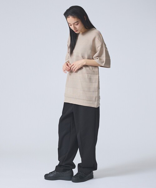 FORTUNA HOMME（フォルトゥナオム）の「【FORTUNA/フォルトゥナ】EcotecDryKnitボーダーT/エコテックドライニットボーダーTシャツ/ユニセックス/WEB限定（ニット/セーター・メンズ・グレイッシュベージュ/ブラック/ホワイト・L/M）」の6枚目の写真