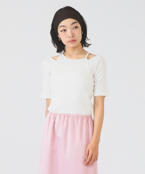 Ray BEAMS(レイビームス)の「RIB キリカエ アシメネック Tシャツ(Tシャツ/カットソー・レディース・ブラック/ワイン/ホワイト・ONE SIZE)」の7枚目の写真