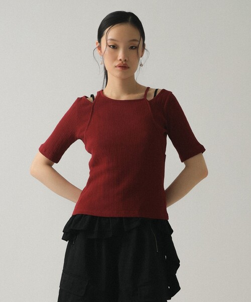 Ray BEAMS(レイビームス)の「RIB キリカエ アシメネック Tシャツ(Tシャツ/カットソー・レディース・ブラック/ワイン/ホワイト・ONE SIZE)」の17枚目の写真
