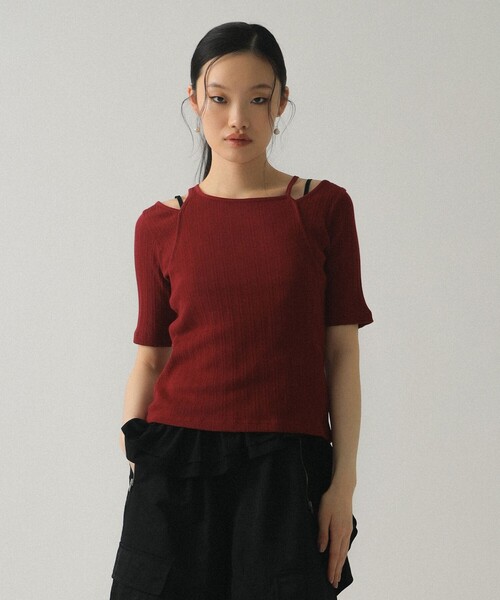 Ray BEAMS(レイビームス)の「RIB キリカエ アシメネック Tシャツ(Tシャツ/カットソー・レディース・ブラック/ワイン/ホワイト・ONE SIZE)」の5枚目の写真