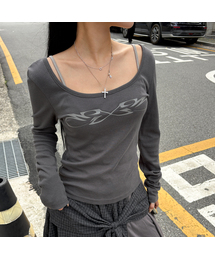 GRAPHIC U-NECK LONG SLEEVE T-SHIRT-CHARCOAL