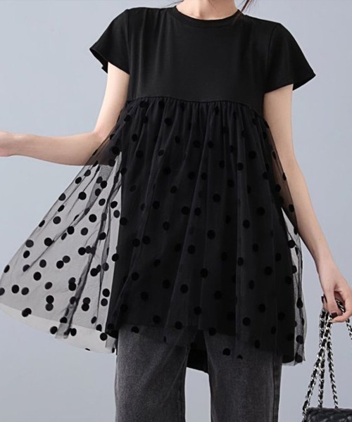 ReRe（リリ）の「異素材切り替えドットデザイントップス（Tシャツ/カットソー・レディース・ブラック/ホワイト・FREE）」の11枚目の写真