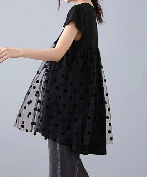 ReRe（リリ）の「異素材切り替えドットデザイントップス（Tシャツ/カットソー・レディース・ブラック/ホワイト・FREE）」の12枚目の写真