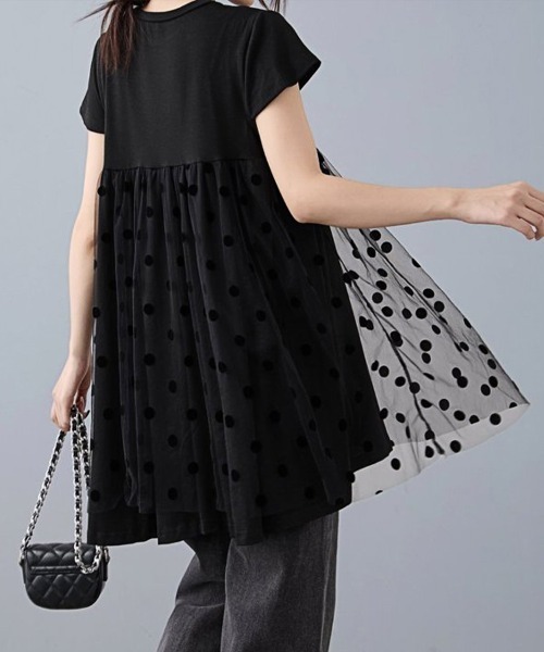 ReRe（リリ）の「異素材切り替えドットデザイントップス（Tシャツ/カットソー・レディース・ブラック/ホワイト・FREE）」の13枚目の写真