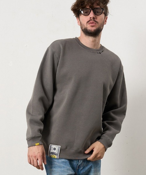 STUD MUFFIN(スタッドマフィン)の「msw1879- T-C裏毛起毛ファースマイルパッチワーク スエットシャツ(624-02911)(スウェット・メンズ・チャコールグレー/ブラック/ブラウン・4/3/2)」の2枚目の写真