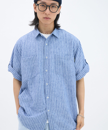 GOSTREET（ゴーストリート）の「セミオーバーフィットストライプロールアップ半袖シャツブルー（シャツ/ブラウス）」
