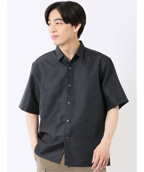 TAKA-Q(タカキュー)の「シャツ メンズ 半袖 ペイズリー ジャガード レギュラーカラー ややゆったり ルーズフィット (シャツ/ブラウス・メンズ・ベージュ/ネイビー・MEDIUM/LARGE/X-LARGE)」の2枚目の写真