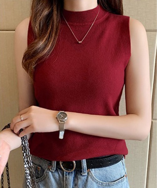 kirakiraShop(キラキラショップ)の「モックネック ノースリーブ ニット(タンクトップ・レディース・グレー/レッド/クリーム/ホワイト/ブラック/グリーン・FREE)」の6枚目の写真