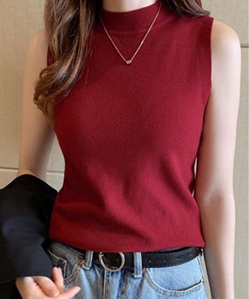 kirakiraShop(キラキラショップ)の「モックネック ノースリーブ ニット(タンクトップ・レディース・グレー/レッド/クリーム/ホワイト/ブラック/グリーン・FREE)」の22枚目の写真
