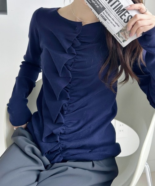 umune（ウムネ）の「カーディガンニットフェミニンアシメフリル着回し 華奢見えキレイめ大人カジュアル羽織り大人かわいい春秋（シャツ/ブラウス・レディース・ネイビー/ブラウン/ベビーピンク・FREE）」の14枚目の写真