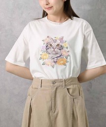 le petaleフラワー刺繍catTシャツ