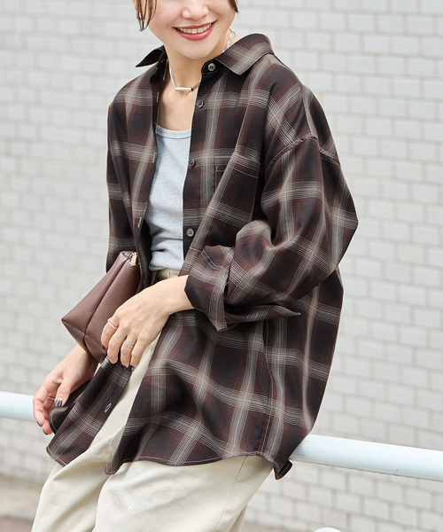 JOURNAL STANDARD(ジャーナルスタンダード)の「リヨセルチェックシャツ(シャツ/ブラウス・レディース・ブラック系その他/ブラウン・FREE)」の1枚目の写真