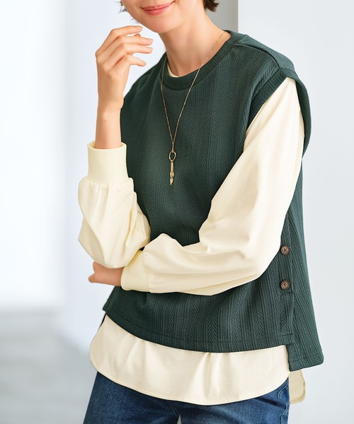 BELLUNA PLUS（ベルーナ）の「ジャカード素材裾ボタンアンサンブル（Tシャツ/カットソー・レディース・ブラウン/ブラック/モスグリーン・LARGE/MEDIUM/X-LARGE）」の3枚目の写真