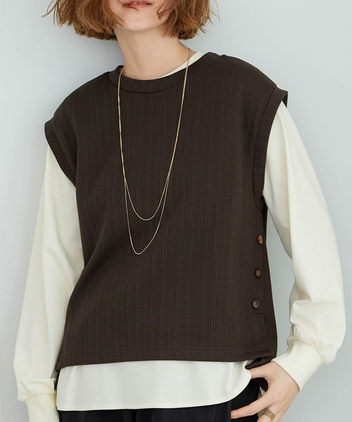 BELLUNA PLUS（ベルーナ）の「ジャカード素材裾ボタンアンサンブル（Tシャツ/カットソー・レディース・ブラウン/ブラック/モスグリーン・LARGE/MEDIUM/X-LARGE）」の11枚目の写真