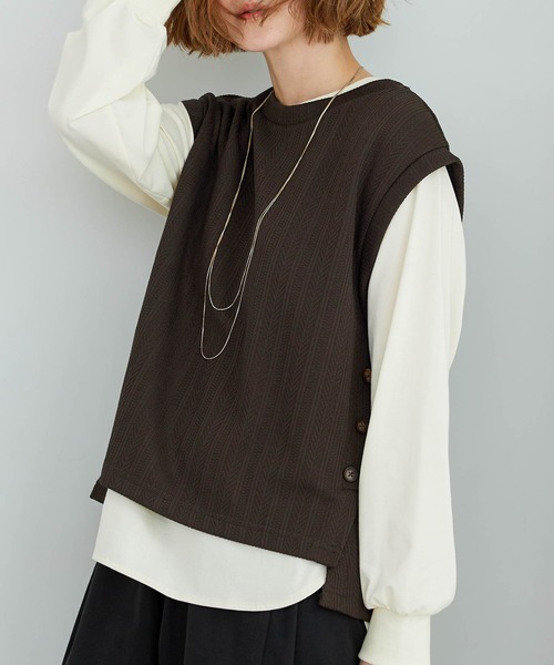 BELLUNA PLUS（ベルーナ）の「ジャカード素材裾ボタンアンサンブル（Tシャツ/カットソー・レディース・ブラウン/ブラック/モスグリーン・LARGE/MEDIUM/X-LARGE）」の12枚目の写真