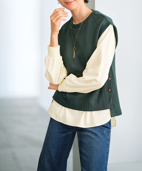 BELLUNA PLUS（ベルーナ）の「ジャカード素材裾ボタンアンサンブル（Tシャツ/カットソー・レディース・ブラウン/ブラック/モスグリーン・LARGE/MEDIUM/X-LARGE）」の9枚目の写真