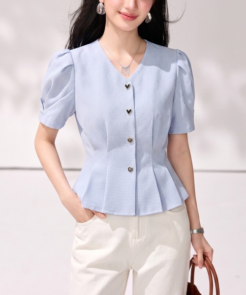 LUCPY(ラクピー)の「ペプラムVネックパフスリーブブラウス(シャツ/ブラウス・レディース・ブルー・SMALL/X-LARGE/LARGE/MEDIUM)」の3枚目の写真