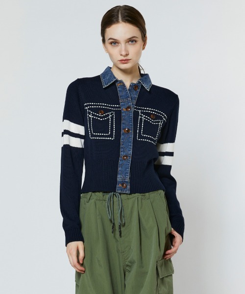 DOUBLE STANDARD CLOTHING（ダブルスタンダードクロージング）の「ドッキングデニムステッチニット（ニット/セーター・レディース・ネイビー/グレー・36/38）」の2枚目の写真