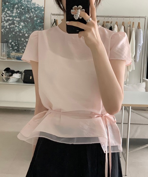 Girly Doll(ガーリードール)の「ダブルヘム紐ベルト付きショートスリーブブラウス(シャツ/ブラウス・レディース・ピンク/ホワイト/ベージュ・FREE)」の3枚目の写真